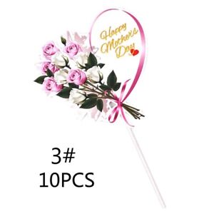 10Pcs Happy Mothers Day Cake Toppers Sweet Heart Flower Cupcake Picks Decoration
