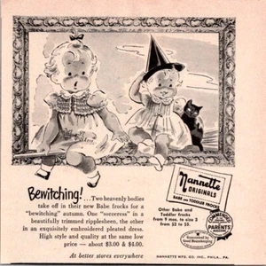 1952 Nanette Print Ad Baby & Toddler Frocks Bewitching Halloween Black Cat - Imagen 1 de 1