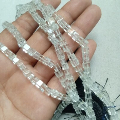 Natural Crystal quartz faceted 3D Cube Box Beads 4-5MM 8INCH  Cube Bracelet  V8 - Image 1 of 4