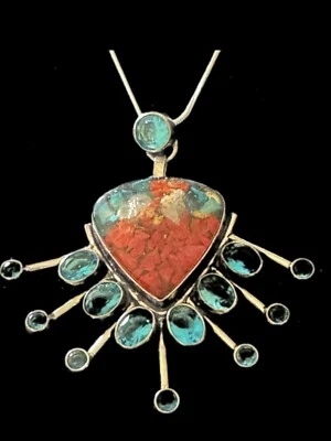 Oyster Turquoise Blue Topaz Gemstone Pendant Necklace 2.64", 22” 925 Snake Chain - Image 1 of 4