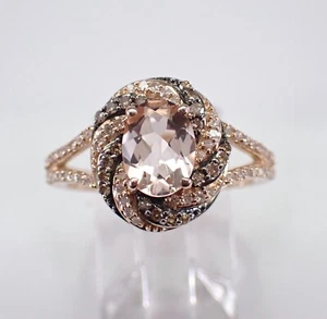 Rose Gold Morganite and Fancy Brown Diamond Halo Engagement Ring Unique Gift - Picture 1 of 7