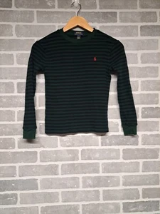 Polo Ralph Lauren Knit Striped Black Green Thermal Long Sleeve Kids Shirt Size 7 - Picture 1 of 11