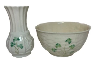 belleek shamrock Porcelain China Bowl & Vase Ireland Green Clover Design READ - Picture 1 of 12