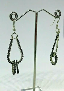 Vintage Silver Metal Black Beads Long Drop Dangle Earrings 1980' - Picture 1 of 3
