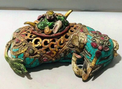 8.4" Old Chinese Copper Inlay Turquoise Elephant Animal Incense Burner Censer - Imagem 1 de 4