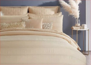 Donna Karan Essential Silky Stripe 3P Queen duvet cover Shams Set Gold $845 - Picture 1 of 9