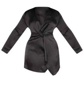 NWT PRETTYLITTLETHING Black Plus Short Mini Dress Satin Long Sleeve Wrap Size 24 - Picture 1 of 2