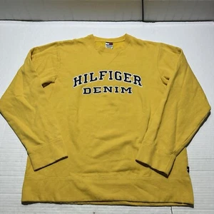 Tommy Hilfiger Denim Sweatshirt Mens M Spellout Yellow Crewneck Crew Sweater - Picture 1 of 8