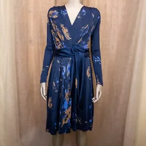 Renato Nucci Wrap Dress Long Sleeve Silk Knee Length V Neck Blue Women Medium - Picture 1 of 12