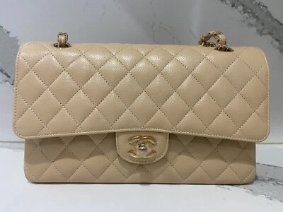 Новый подлинный CHANEL CLASSIC средний двойной клапан бежевый Clair икры сумка Ghw фирма - Изображение 1 из 4