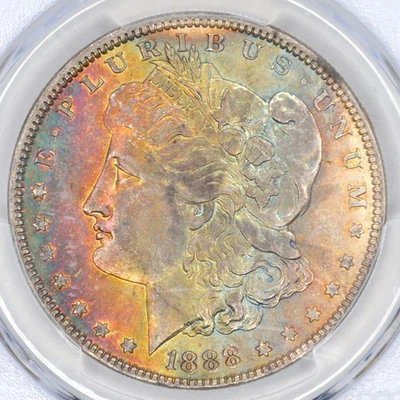 Dólar de plata Morgan 1888 $1 graduación profesional MS62 - precioso tono arco iris Foto 1 de 4