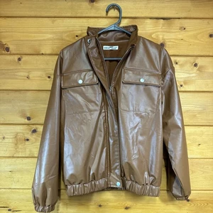 SHEIN Kids Brown PU Leather Jacket Bomber Style Zip Up Pockets 11-12 Years - Picture 1 of 5