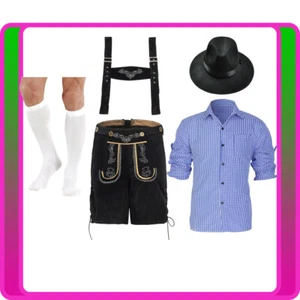 Mens German Lederhosen Costume Blue Oktoberfest Beer Outfit Black Hat Stockings - Picture 1 of 10