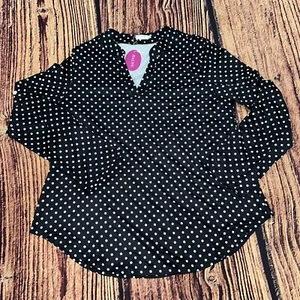 Halife Women's Roll Up Long Sleeve V-Neck Henley Top - Black/White Polka Dots - Picture 1 of 5