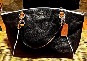 Borsa Coach Ava Tote Bag nera bianca tubata marrone bordo pelle grande rara 10,5x14,5x3,75 - Foto 1 di 20