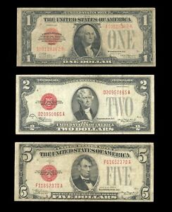 Ultra Rare set of 1928 Us Notes $1 Red Seal $2 Red Seal $5 Red Seal 1928 Vg-F