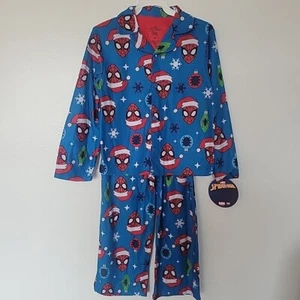 SPIDERMAN Marvel Christmas Pajamas Sleepwear 2 Piece Coat Button Front Boy 8 - Picture 1 of 4