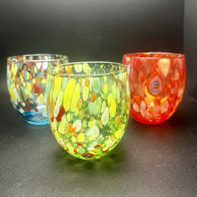 Set of 3 Murano Stemless Wine Glasses Confetti Art Tumbler Multi Millefiori - Image 1 of 4