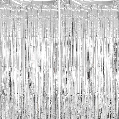 Paquete de 2 cortinas con flecos de lámina de oropel plateado, metálicas, serpentinas, fiesta, telón de fondo Foto 1 de 4