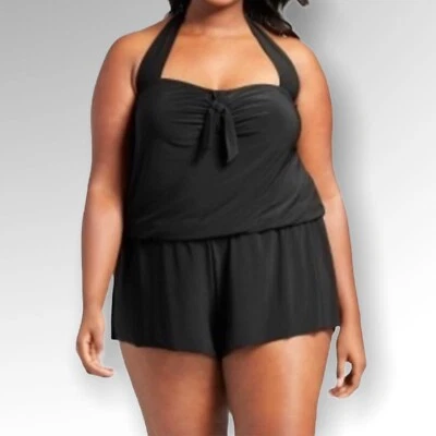 Nuevo con etiquetas Traje de baño halter negro verde aguamarina de una pieza para mujer talla grande 20W Foto 1 de 4