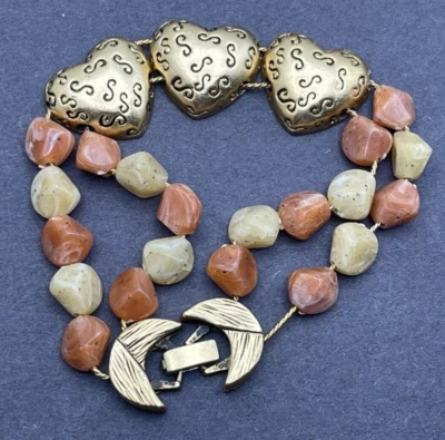 Natural Stone Bead Boho Slide Bracelet Brass Tone Metal Hearts 7.25 Inches - Image 1 of 4