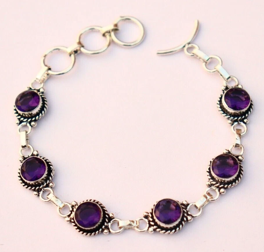 天然紫水晶宝石手工 925 纯银珠宝手链 尺寸 7-8 — 第 1/1 张图片