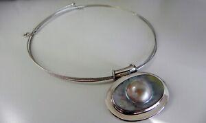 LUSTROUS 🌠 21g sterling silver 925 Iridescent mabe pearl choker collar necklace