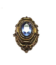 Czech Glass Faceted Blue Rhinestone Brooch Fur Clip Ornate Brass Large 1.75"
