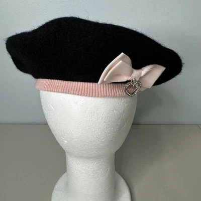 NUEVO CON ETIQUETAS Gymboree Boina Sombrero Niñas Talla 4-7 Negro Lana Rosa Lazo Invierno Foto 1 de 4