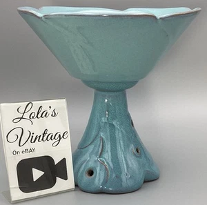 Blue AQUA Frankoma 2L Gracetone ORBIT Art Pottery Centerpiece Pedestal Compote - Picture 1 of 16