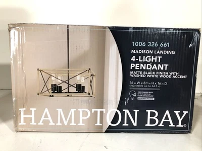 Hampton Bay Madison Landing 4-Light Caged Matte Black Washed White Wood Pendant - Image 1 of 3
