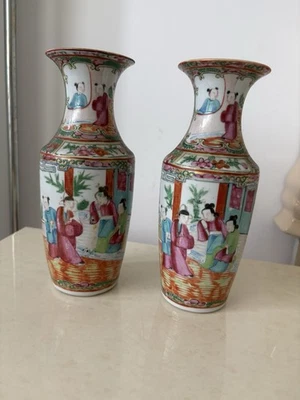 Paire De Vases Canton Porcelaine De Chine Antique Chinese Family Rose - Photo 1/4