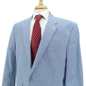 Chaps Blue White Gingham Check 100% Cotton Blazer Sport Coat Jacket Mens 48R - Picture 1 of 15
