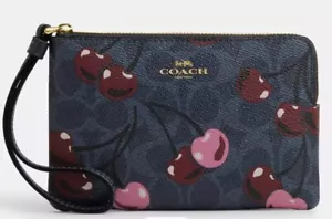 NWT Coach CZ450 Corner Zip Wristlet Signature Denim Canvas With Cherry Print - Picture 1 of 4