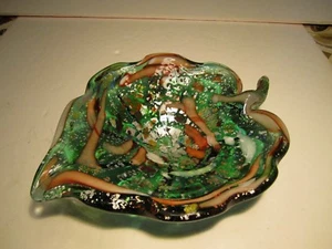 VTG Murano Italy Large Leaf Shaped Colorful Confetti Decorated Art Glass Dish - Picture 1 of 7