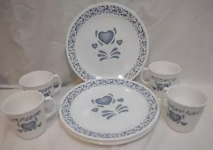 Corazones de esponja azul/blanco Corelle (4) tazas/tazas de café, (6) juego de platos de cena de 10" - Imagen 1 de 3