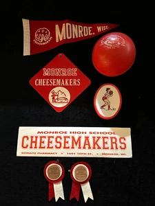 Lot of 7 Vintage Monroe Cheesemakers Pin Pendant Mini Ball Sticker Monroe WI - Picture 1 of 9