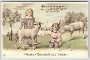 EAS Easter~Elizabethan Boy & Girl in Meadow Feed Lambs~Gold Leaf~Germany 1910
