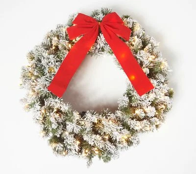 Bethlehem Lights 26" Flocked Overlit Wreath with Bow Christmas Holiday Decor - Image 1 of 4