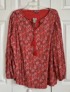 style & co. Damen Top rot Blumen Langarm Pullon Quaste Bindebluse Boho - Bild 1 von 6