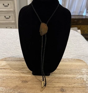 Vintage Western Cowboy Black Rope Brown Stone Bolo Tie - Picture 1 of 4