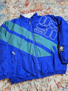 Vintage 90's Columbia Men's Colorblock Puffer Jacket Blue Green Big Logo Size Lg - Picture 1 of 7