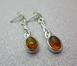 Plata Maciza de Ley Original Coñac Ámbar Celta Triqueta Nudo de Amor Pendientes - Imagen 1 de 1