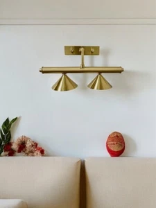 Antique 2 Light Mid Century Raw Brass Wall Sconce Designer Home Decor Lamp - Picture 1 of 10