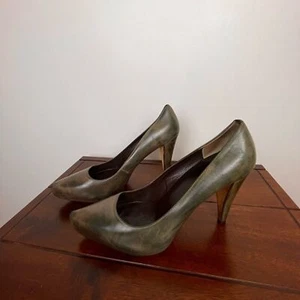 VTG Y2K Retro Max Studio High heels 9M olive green Leather Pump chunky Hippie - Picture 1 of 6