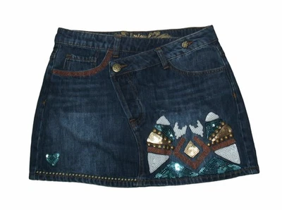 Gonna Mini Donna Desigual Blu Denim Ricamata Tn0 Taglia M EU 40 W30 - Immagine 1 di 2
