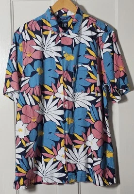 Camisa GAP Para Hombre L Alta Lino Azul, Dorado Algodón Floral Estampado Hawaiano Fiesta de Papá Foto 1 de 4