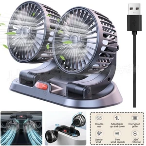 Car Dual Head Cooling Fan USB 360° Air Cooler Auto Van Truck Dashboard 12V 24V - Picture 1 of 12