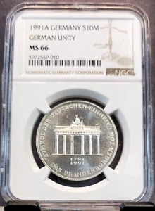 1991 GERMANY SILVER 10 MARK S10M BRANDENBURG GATE NGC MS 66 SCARCE GEM BU - Picture 1 of 3