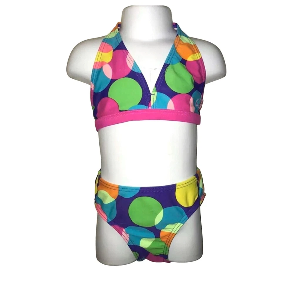 Niña XS 4/5 OP Brillante Arco Iris Lunares Círculos Halter Bikini Traje de Baño Conjunto Gemelos Foto 1 de 1